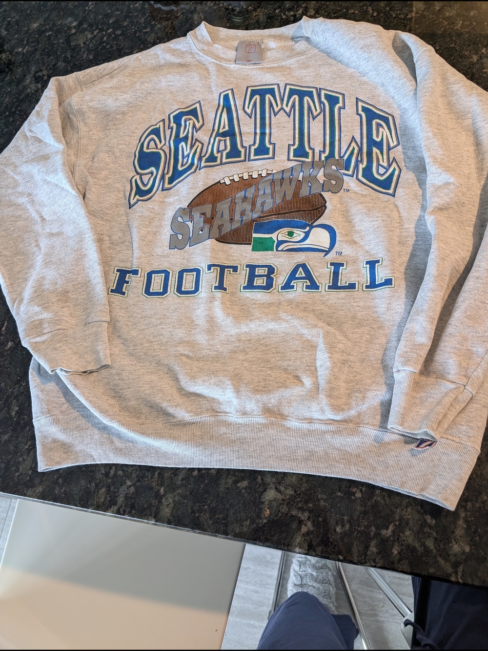 Seattle Seahawks Football Crewneck Sweatshirt - Gray with Blue & Green Logo